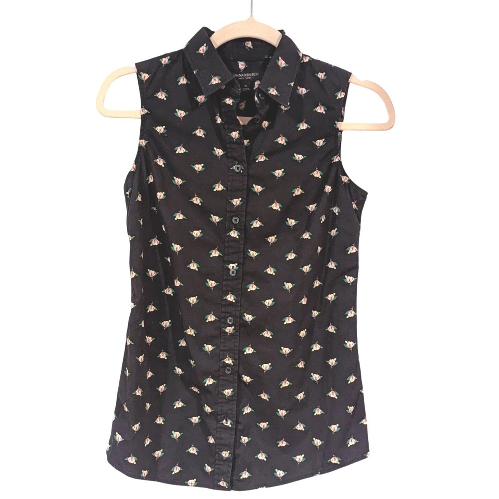 Banana‎ Republic Riley Shirt 0 Black Floral Sleeveless Button Down Career Preppy